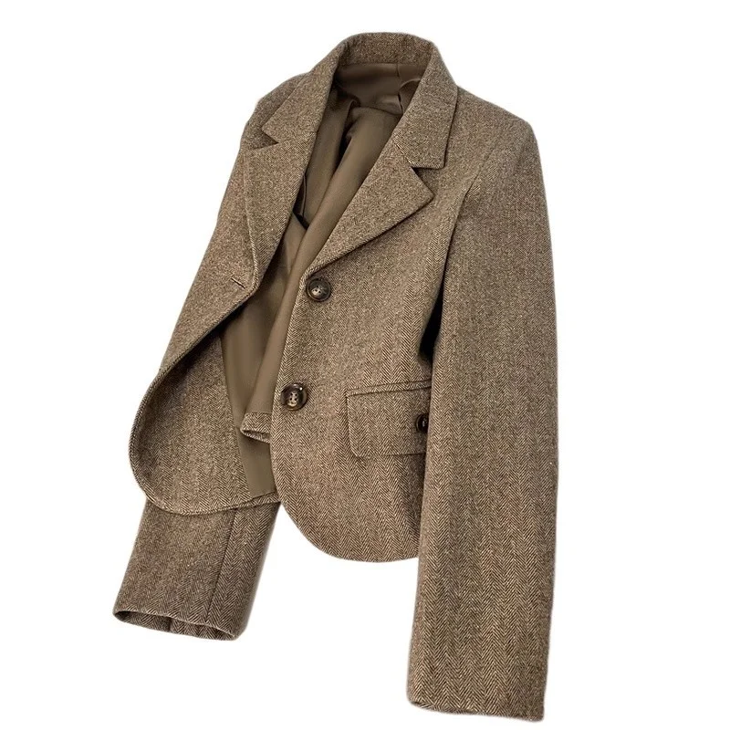 Coffee Color Retro Fashion Woolen Suit Jacket For Women Autumn Winter 2026 New Single Breasted Versatile Blazer Coat W1101