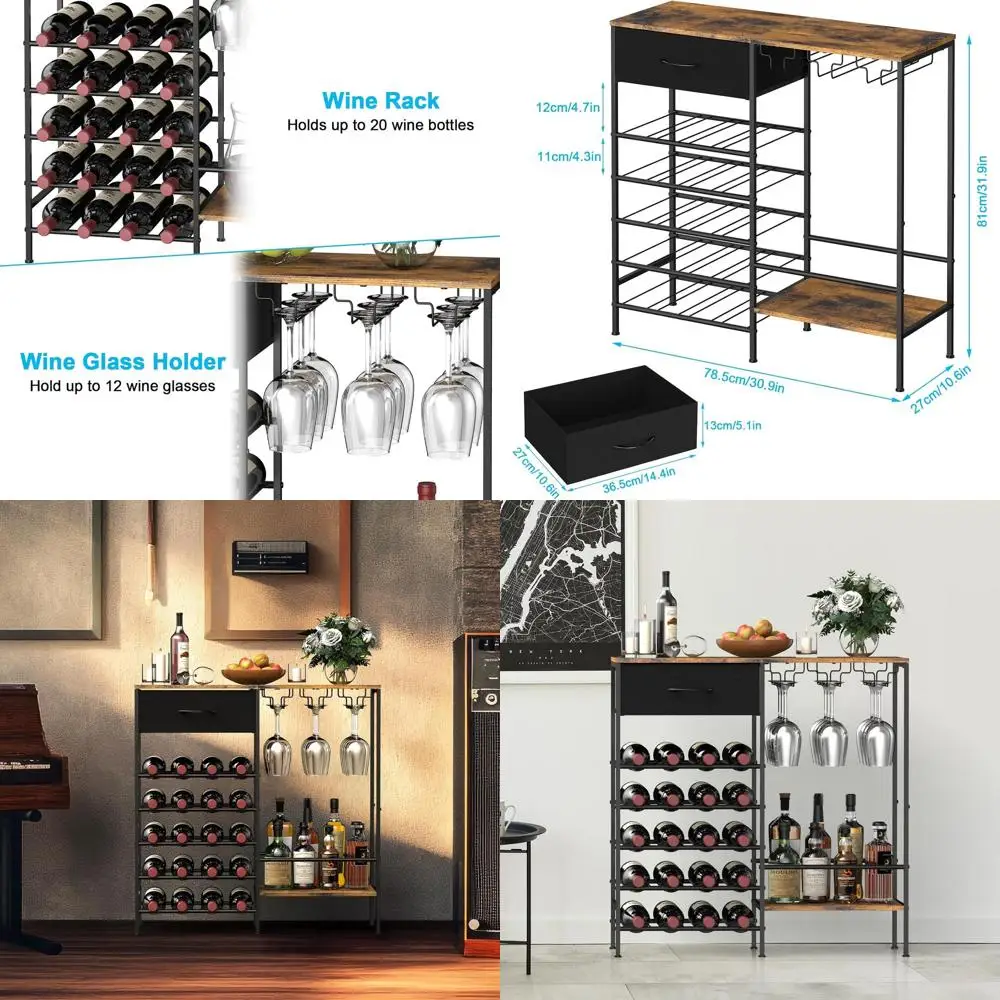 

Freestanding Wine Rack & Bar Cabinet with Storage and Glass Holder for Home Liquor, Coffee, Kitchen, Dining & Living Rooms