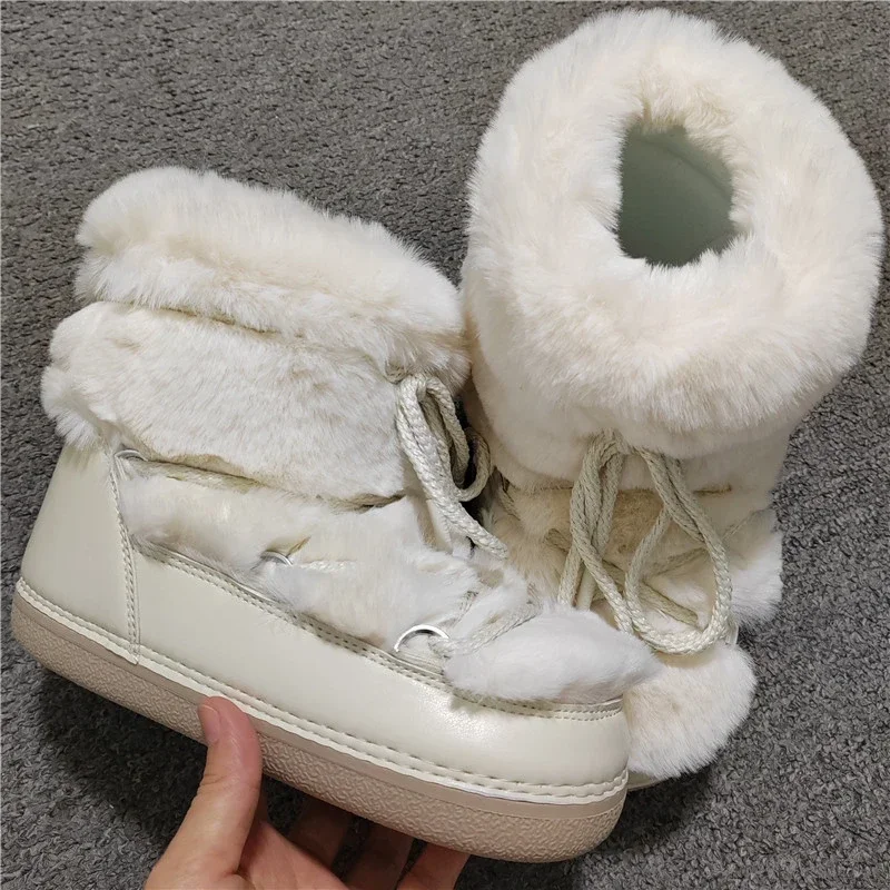 2024 Winter Boots Women Short Ankle Snow Boots Faux Rabbit Fur Boots Woman Casual Lace-up Platform Waterproof Cotton Ski Boots M