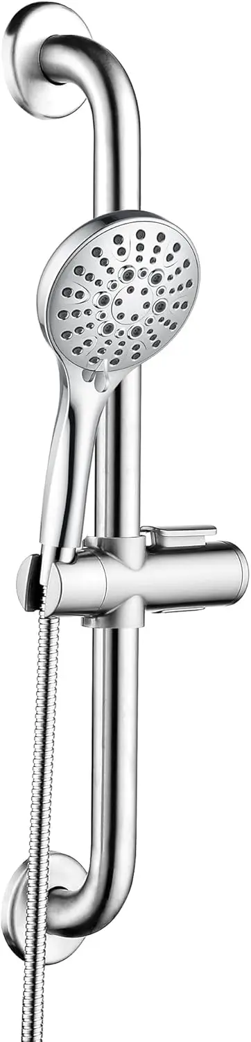 

Adjustable Stainless Steel Shower Grab Bar Set with Handheld Head, 5 Spray Modes & Extra Long Hose