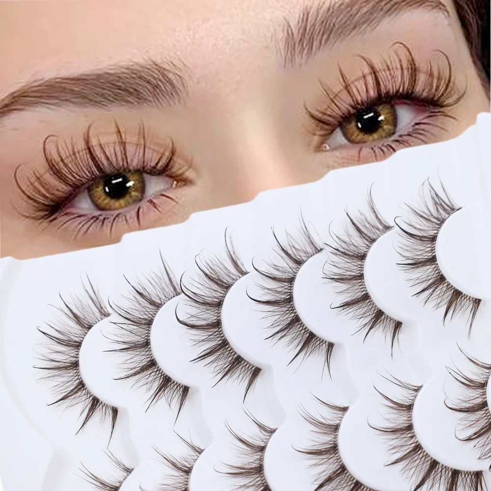 New 6 pairs of fluffy brown false eyelashes, transparent rod, invisible band, cross pattern, curled fox style