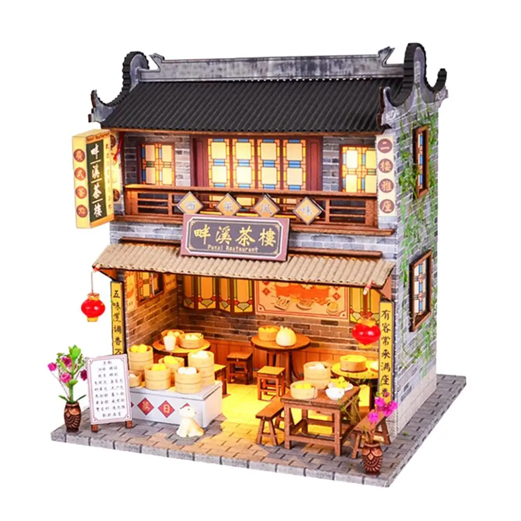 Kit per case delle bambole in miniatura 1:24 Casa da tè in legno con set da gioco LED per mobili