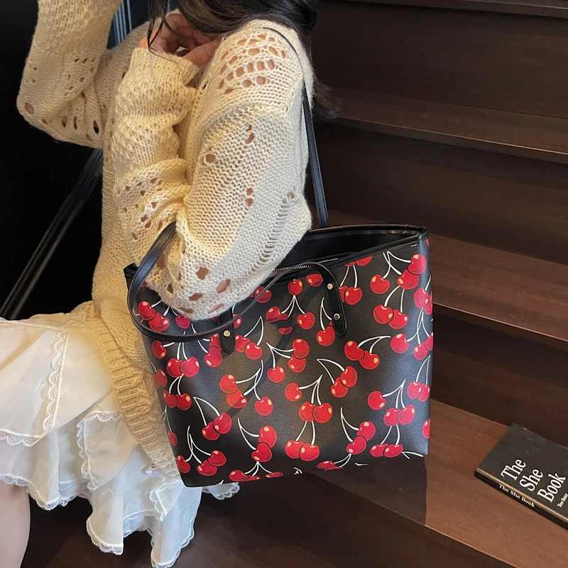 Cute Cherry Strawberry Lemon Print Casual Tote Bag Large Capacity Shopping Bag Aesthetic Handbag Grocery Bag for Women