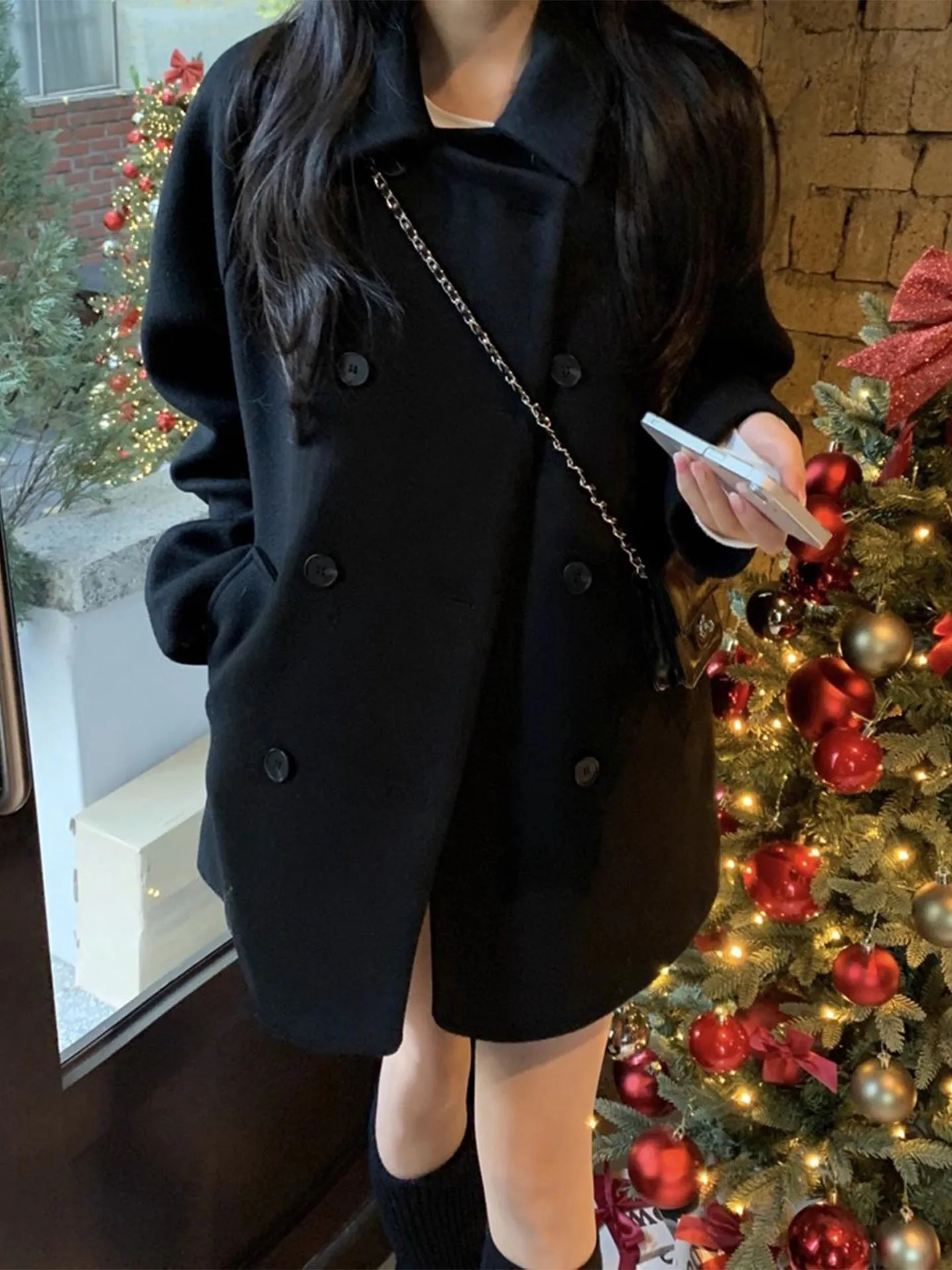 معطف صوفي دافئ للنساء مزدوج الصدر مملوء بالقطن ملابس خارجية كورية فضفاضة تناسب معطف طويل Sve متوسط الطول #2