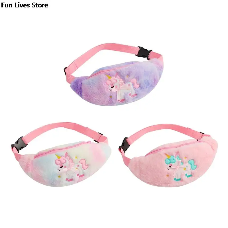 Unicorn Plush Waistpack Cartoon Children Soft Waist Bags Mini Chest Pack Winter Faux Fur Purse for Kids Travel School Handbags