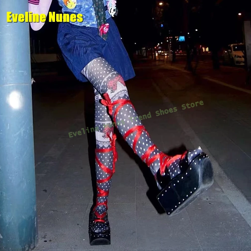 Red Lace Up Rivet Platform Sandals Open Toe Thick Sole Embroidery Ankle Strap Women Y2K Lolita Fashion Pumps Subculture Style - view 6