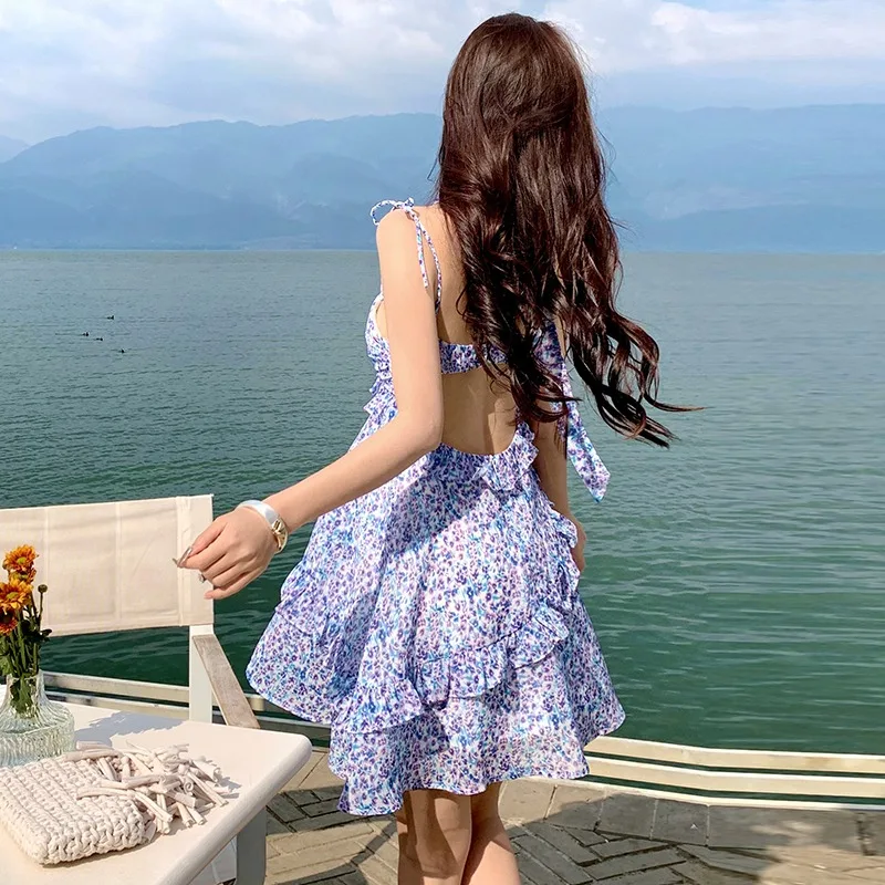 

New Backless Daring Summer Mini Chiffon Dress Modern Women Stylish Print Dress Fairy Lolita Club One Piece Ruffles Slip Clothes