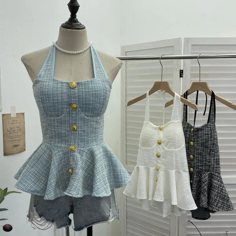 ISAROSE Tweed Halter Tops for Women Early Summer Sleeveless Braless Umbrella Shaped Hem Gold Color Buttons Plaid Tank Tops