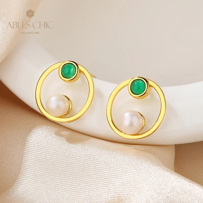 Imagem -04 - Brincos ac Pérolas de Água Doce Aros de Acento Ágata Pedra Verde Tom Dourado 18k Prata 925 44.5 mm Pe1034