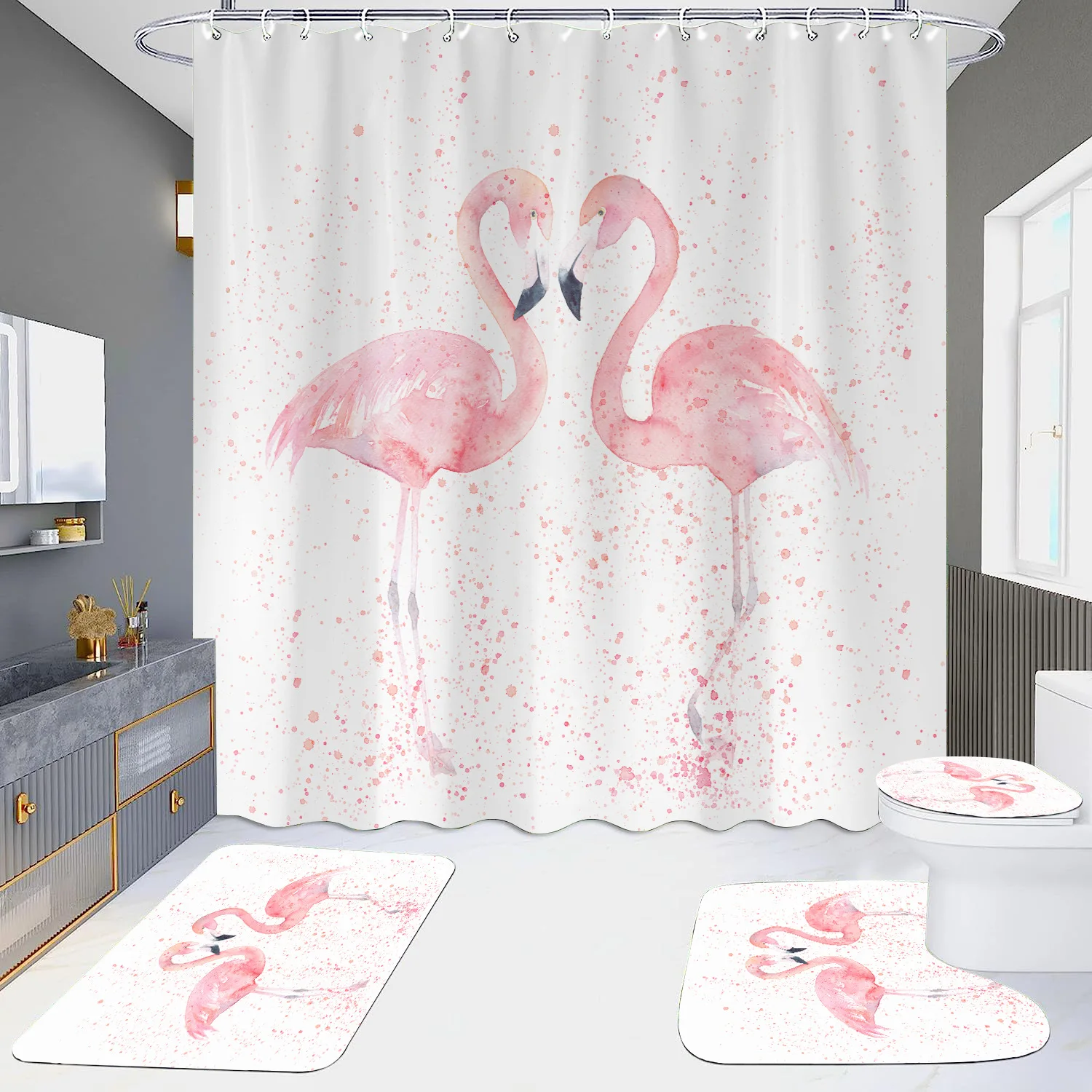 

Flamingo Shower Curtains Tropical Plant Leaves Animals Bird Pattern Print European Style Bathroom Hanging Set Decor With Hooks