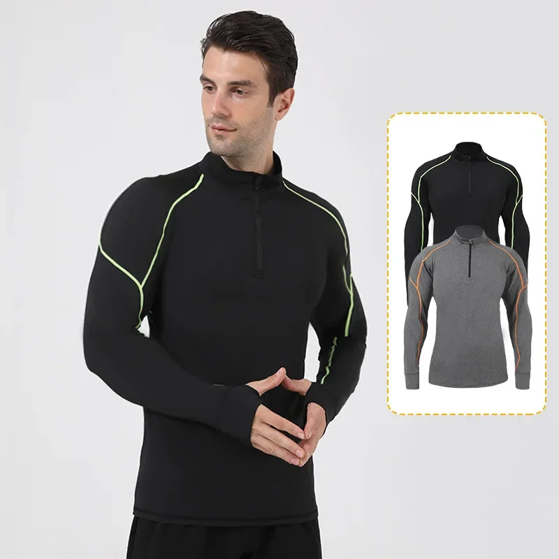 

Autumn Marathon Running Training T-Shirts Long Sleeve Quick-Dry Jogging Sports Thumb Holes Full Sleeve Tops Tees Half zipper Men