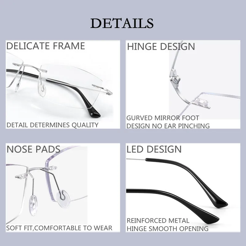 Pure Titanium Rimless Diamond Cutting Man Woman Glasses Frame Anti Blue Light Reading Glasses Men Eyewear + 1.0 1.5 2.0 2.5 3.0