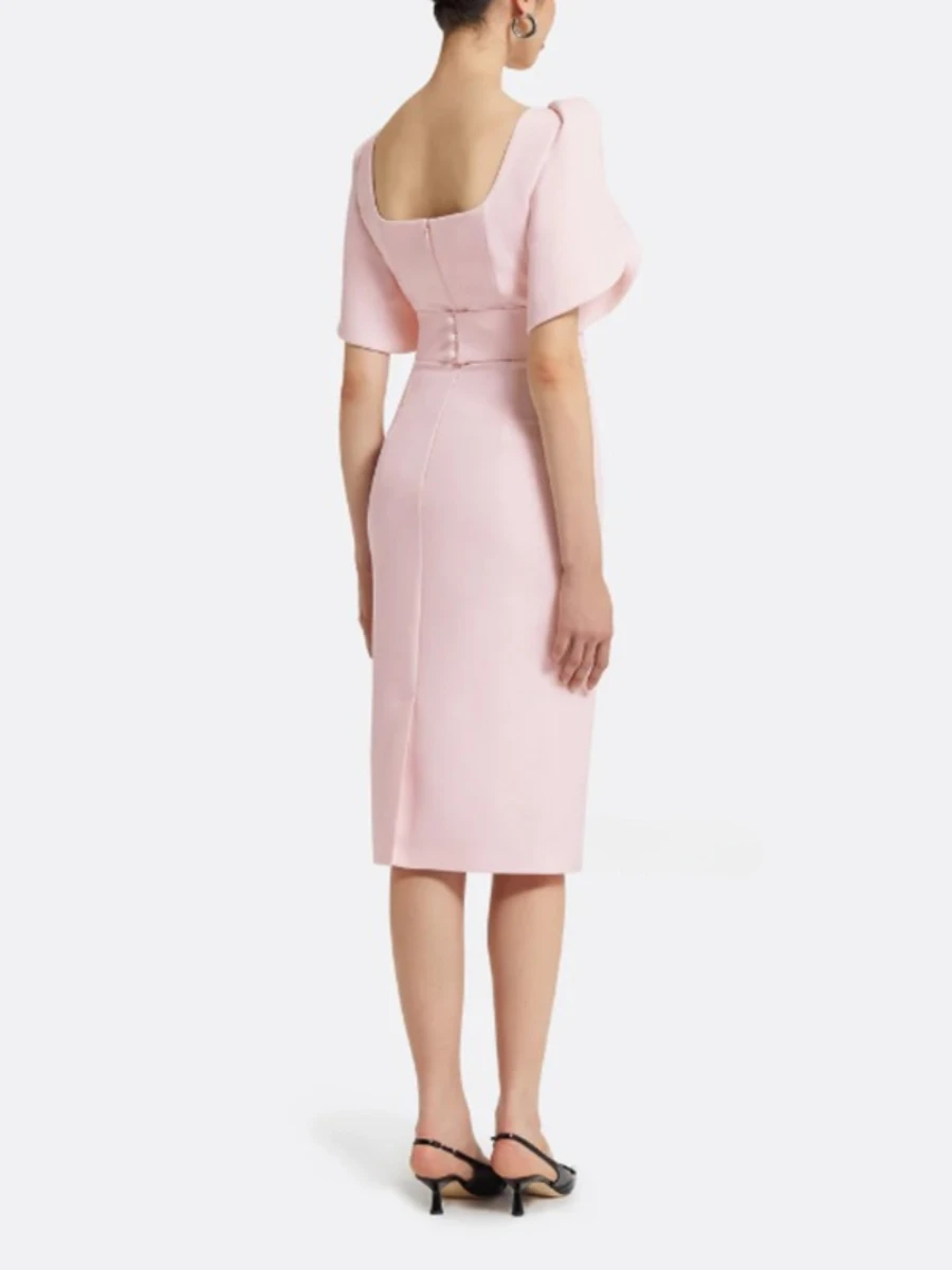 TWOTWINSTYLE Solid Slimming Fashion Tunic Dresses for Women Square Neck Short Sleeves Temperament Midi Dress Female Clothing New