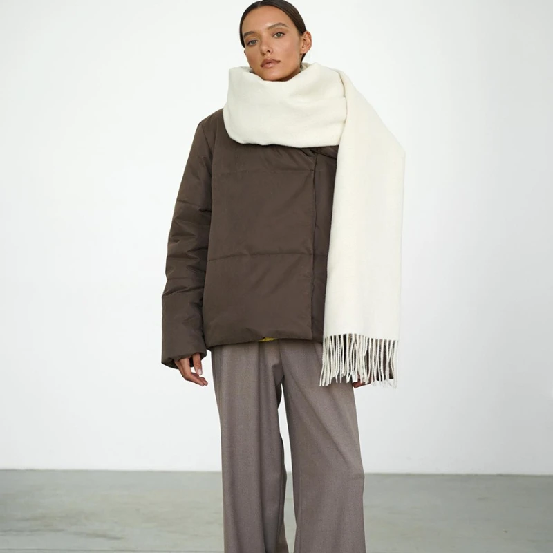 TARUXY High Collar Concealed Button Cotton Coat Women's Fashion Solid Pocket Long Sleeves Coat Winter New Casual Clothing Female