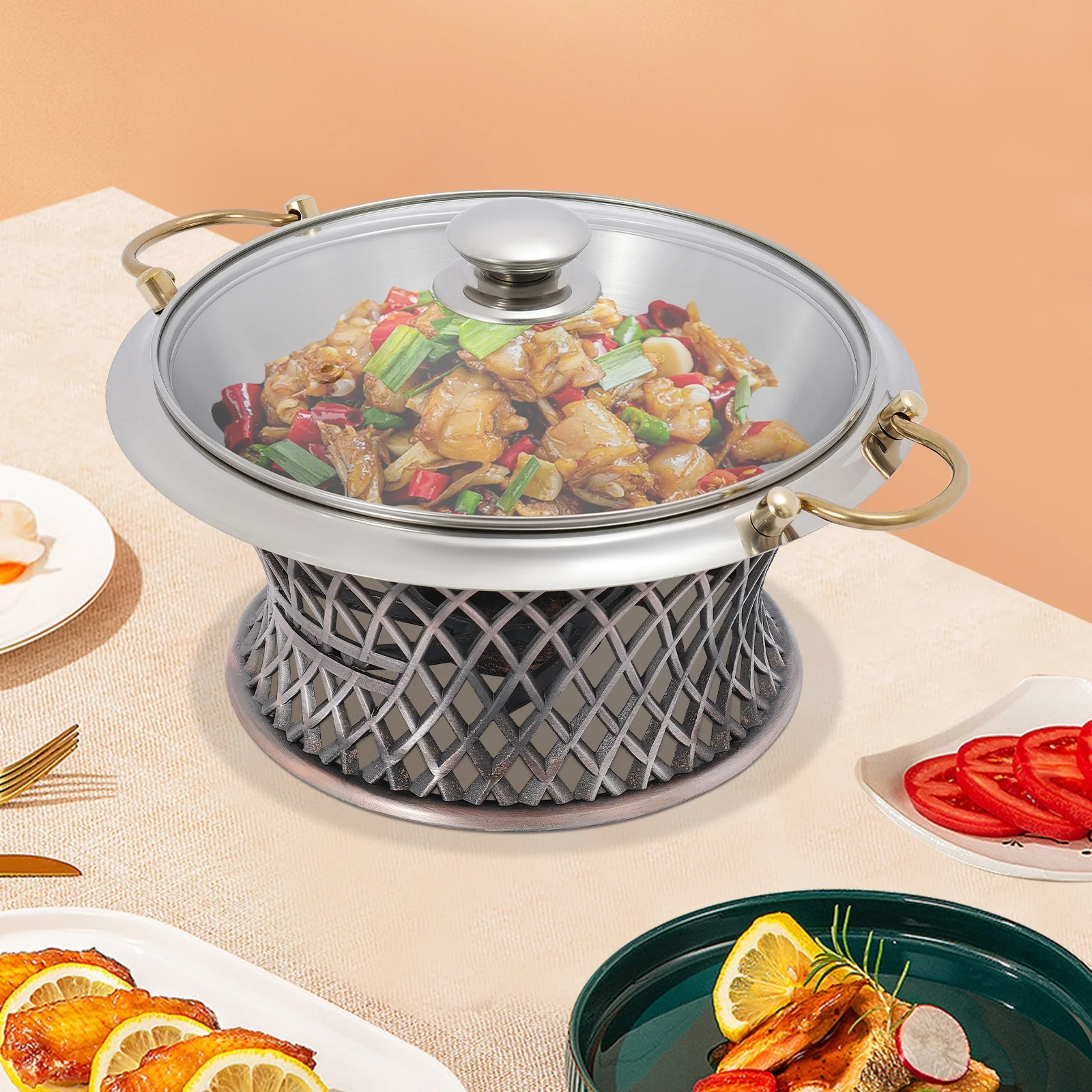 نمط بوفيه طبق الغضب الدائري مع غطاء - يحافظ على الدفء لخدمة الطعام اللذيذ في حفلات الزفاف والولائم #2