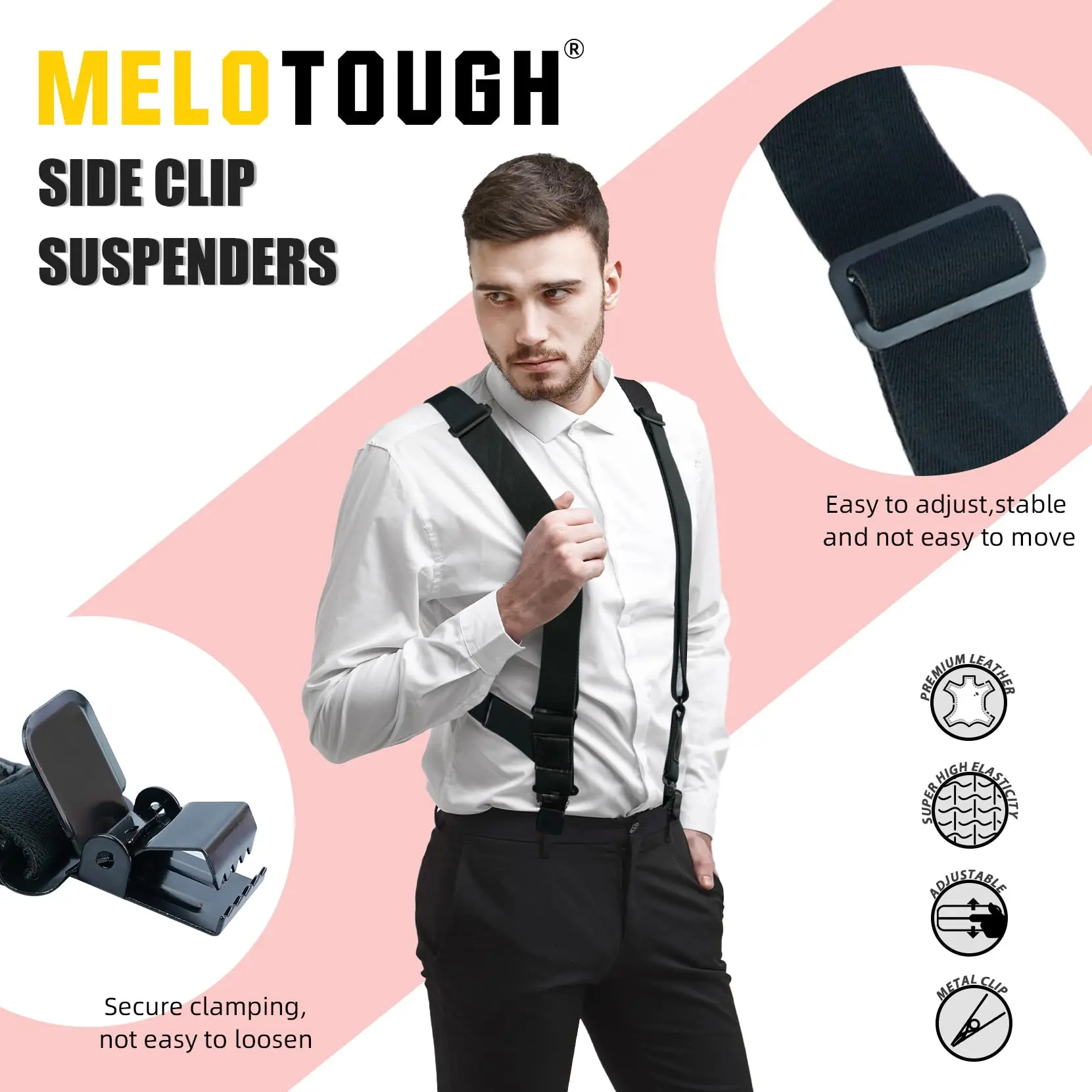 MELOTOUGH Men's Side Clip Suspenders 1 1/2 Inch Wide Trucker Suspenders for Men Heavy Duty Adjustable Elastic Braces