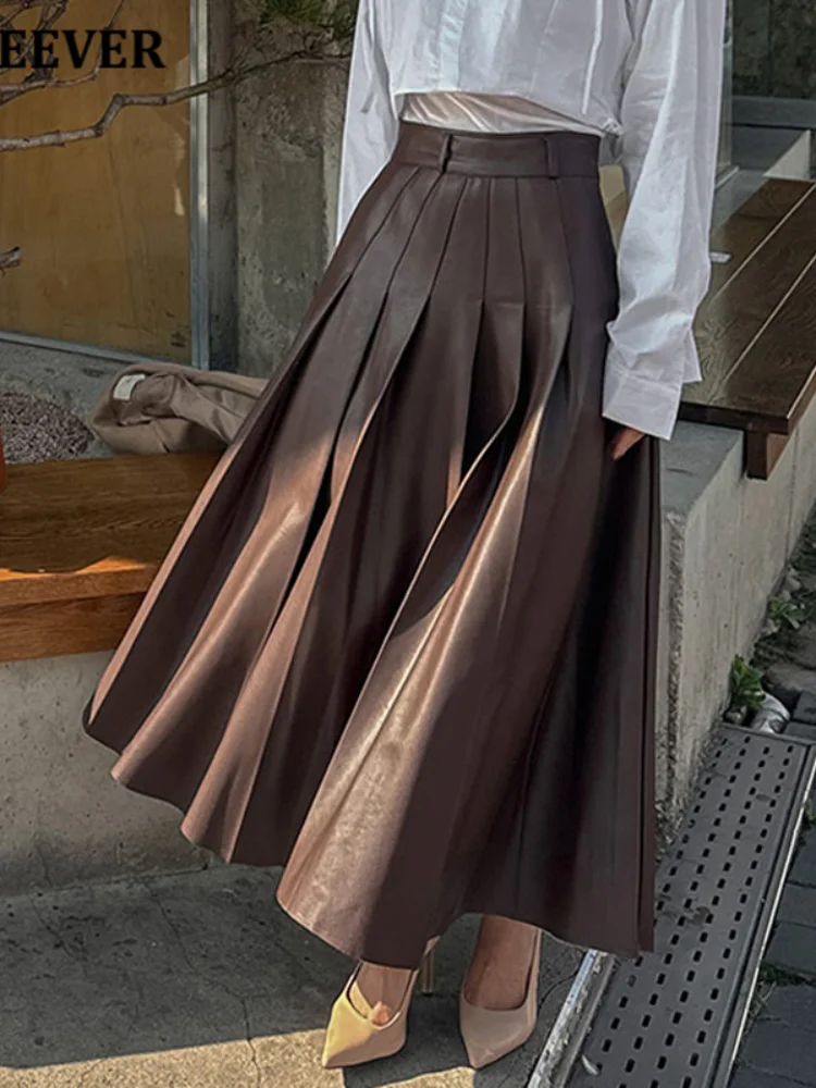 Women Casual Harajuku Street Style Party Pleated Long Skirt Autumn Winter Thick Woolen Slim Elastic Waist A-line Skirt for Women