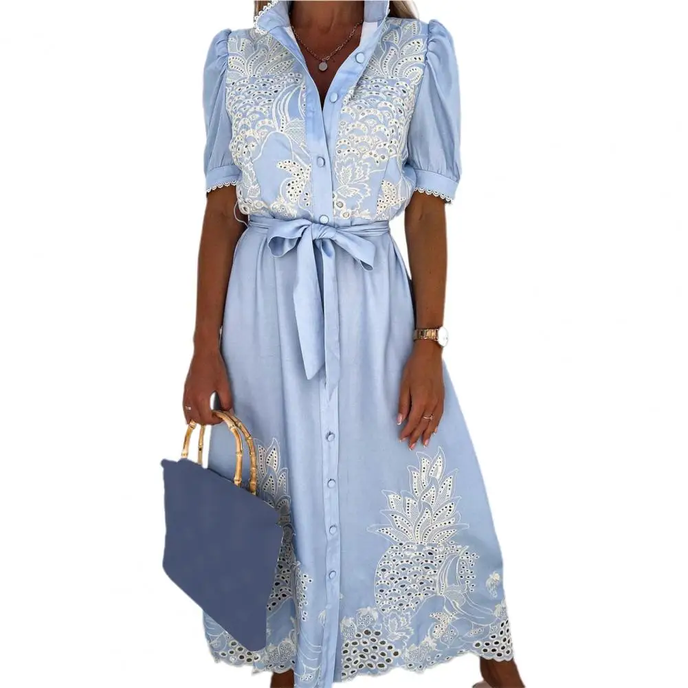 Lace-up Vrouwen Shirt Jurk 2024 Zomer Elegante Single Breasted Bladerdeeg Mouw Maxi Jurk Vestidos Bohemian Zonnejurk Party gewaad