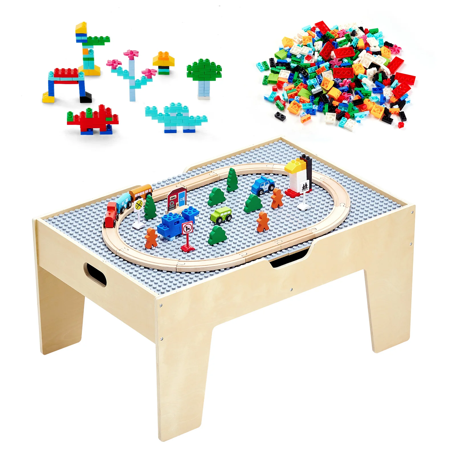 Multi-Purpose Activity Play Table 290 Building Bricks 30pcs Wooden Train Set Railway Vehicles Tracks and Accessories