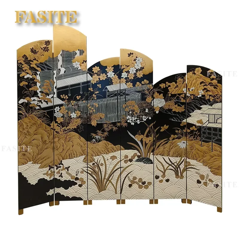 For Medieval Hand Painted Gold Foil Pine Crane Lacquer Folding Screen Room Divider Partition for Living Room