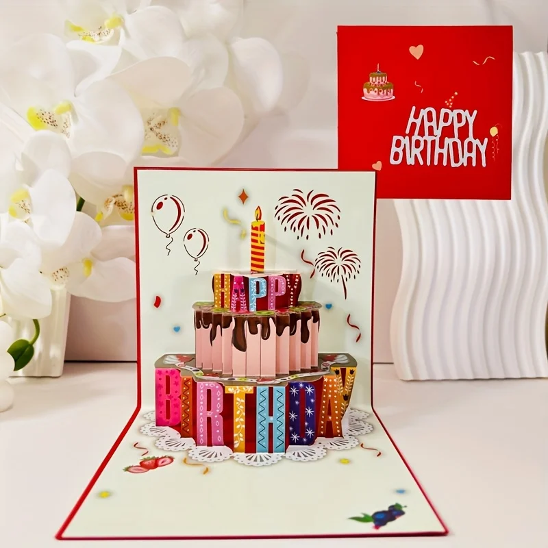 1 Stück 3D-Pop-up-Schokoladenkuchen-Geburtstagsgrußkarte mit Wünschen, einzigartiges Geschenk für Freunde, Familie, Paare