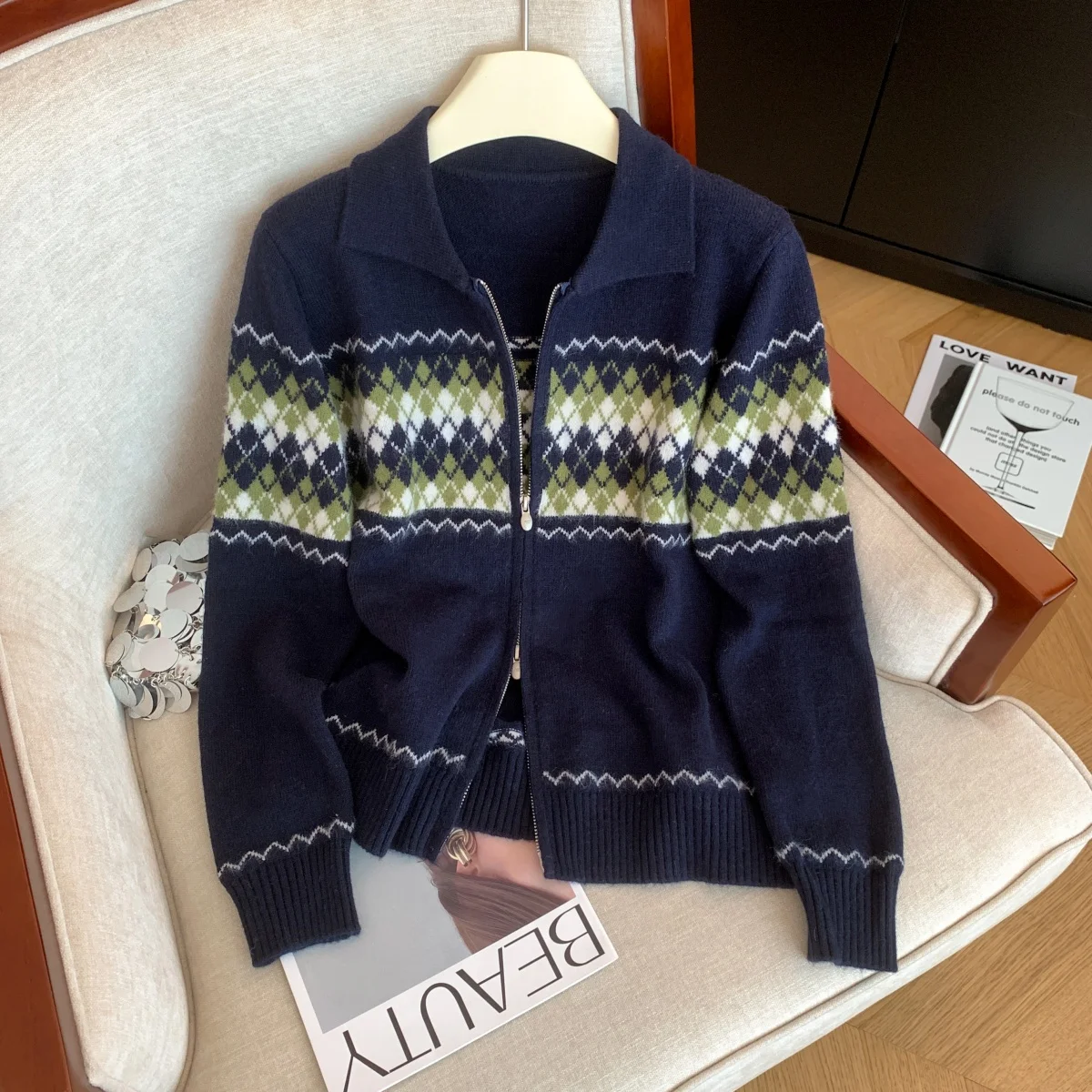 

Женский темно-синий кардиган, свитер, винтажный джемпер 2000-х годов Y2k, трикотаж, корейский стиль, свитер с длинными рукавами, свитер Fair Isle, верхняя одежда, осень