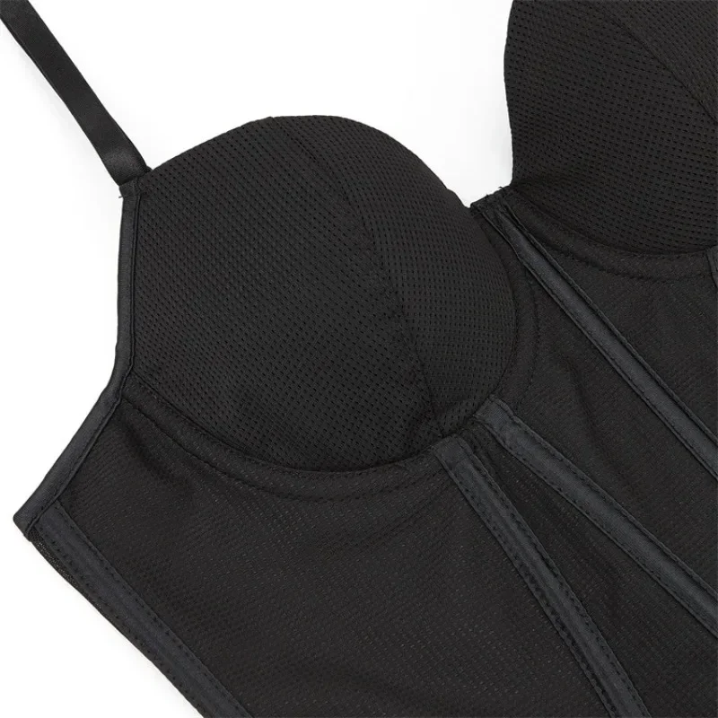 Lace Skirt Corset Double Strap Cup Bra Lingerie Women Breathable Mesh Corsets Adjustable Strap Back Buckle Corselet Vest Black