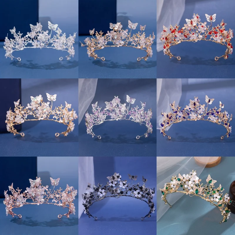 Baroque Pearl Rhinestone Crown Flower Butterfly Princess Tiara Headband Hairband Women Bridal Wedding Hair Accessories Jewelry