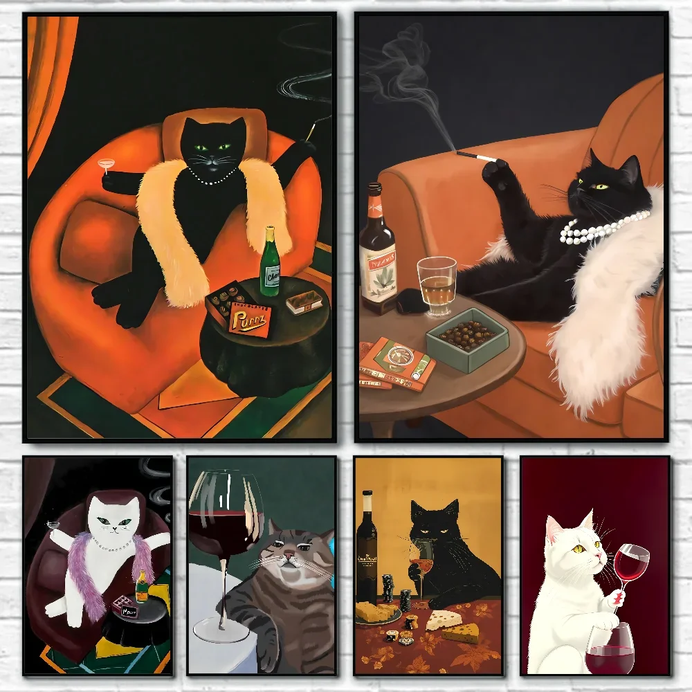 1PC Funny Black White Cats Red Wine Poster Poster Print Home Living Room Bedroom Entrance Bar Cafe Art Canvas Painting Decor