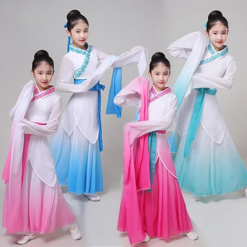 

Chinese Folk Dance Classical Hanfu Clothing Girls Kids Traditional Ancient Elegant Embroidery Yangko Fan Umbrella Dance Suit