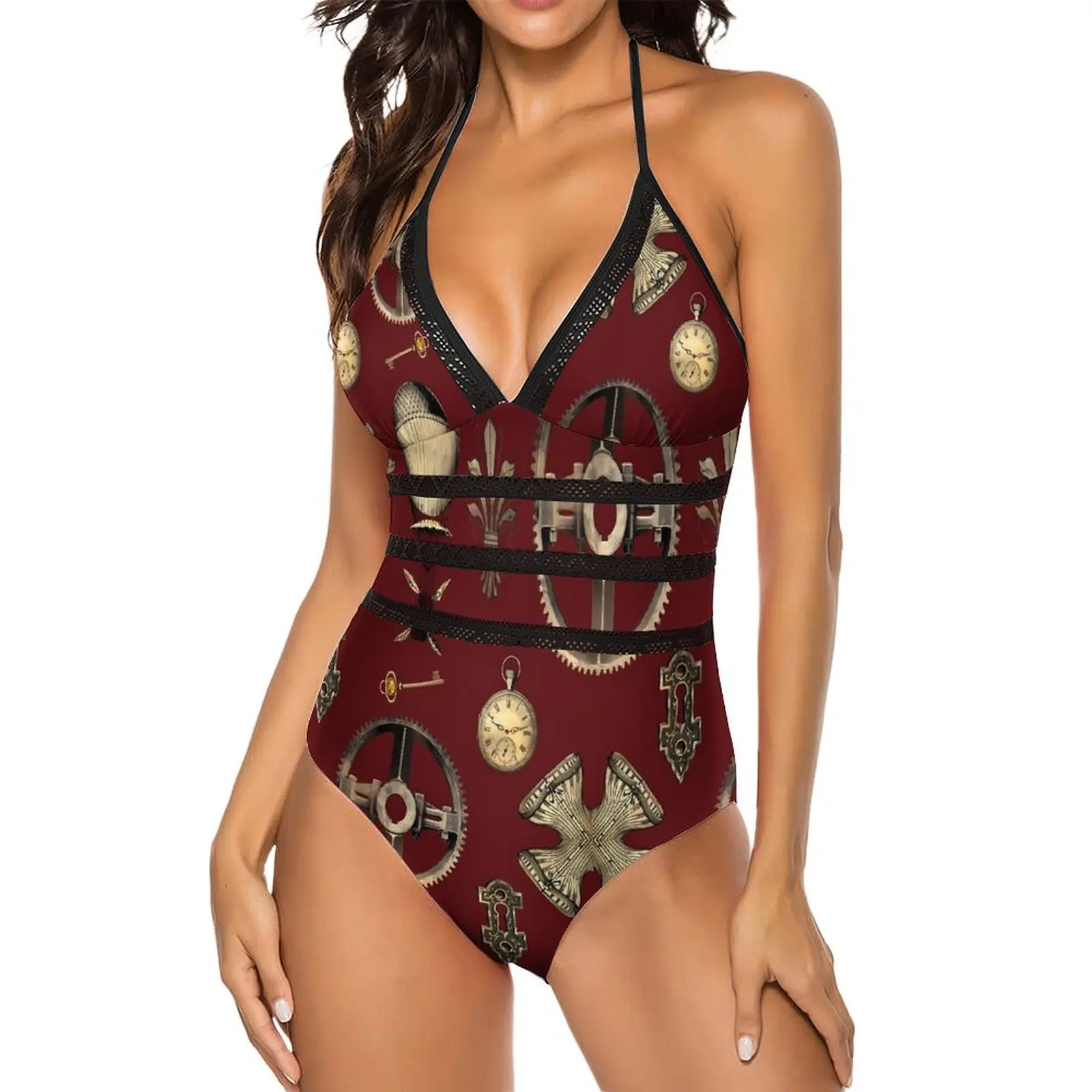 Steampunk Swimsuit Sexy Gear And Watch Print Backless Swimwear One-Piece Vintage Swimsuits Rave Push Up Beachwear