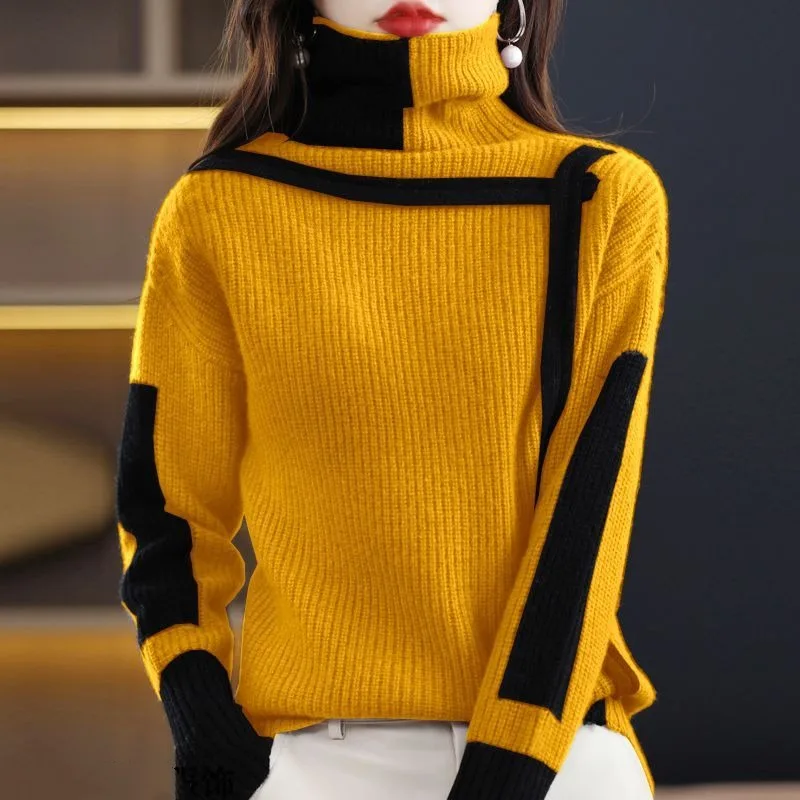 Women's Vintage Screw Thread Sweater High Neck Sweaters Autumn and Winter Loose Long Sleeve Patchwork Office Lady Knitted Tops