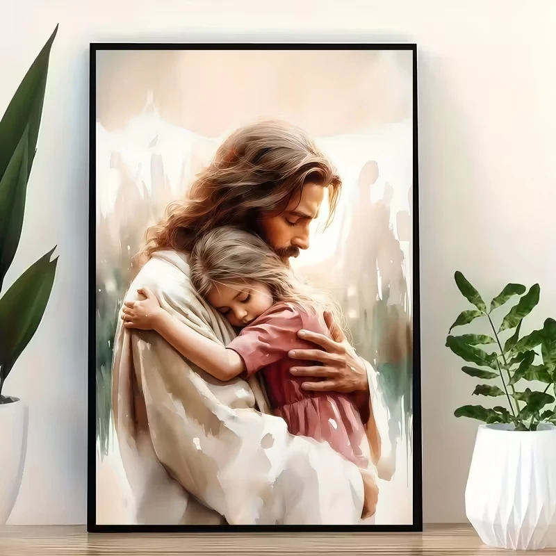 Cuadro moderno de Jesús abrazando a una niña, impresión en lienzo, pintura cristiana, póster, imagen para decoración del hogar y la sala de estar