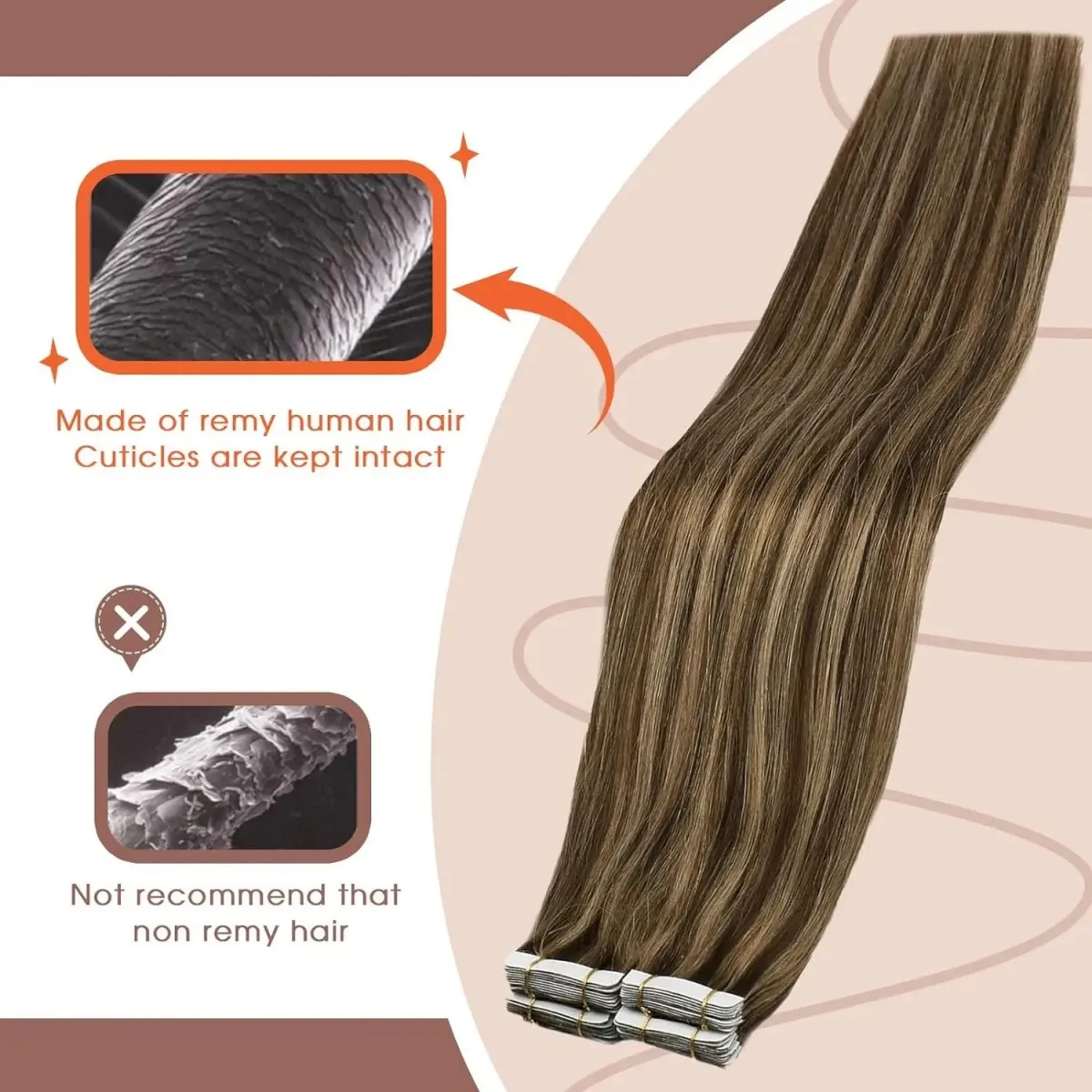 Ekstensi Rambut Tape in Human Hair Highlight, Ekstensi Rambut Remy Silky Straight untuk Wanita untuk Menambah Volume, Panjang & Highlight Rambut