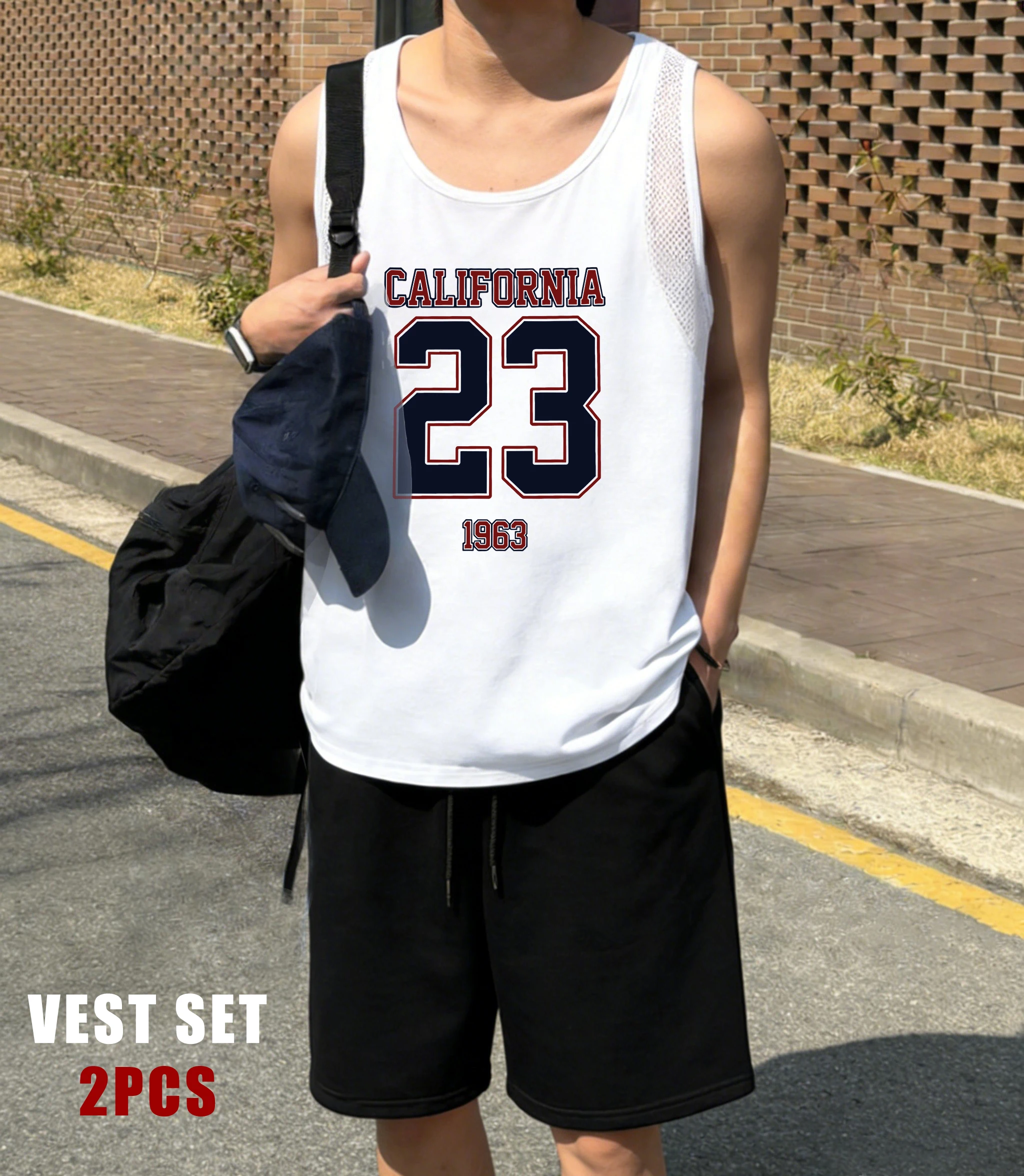 

California Number 1963 Printing Reticular Vest Set Men Sport Basics Shorts Summer Soft Sleeveless Tee Unisex Fashion Singlet