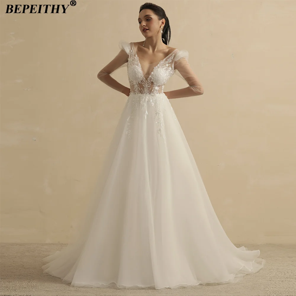 BEPEITHY Customized V Neck Full Sleeves Boho Wedding Dresses 2025 Sexy Backless Ivory Bridal Gown Party Vestidos For Women