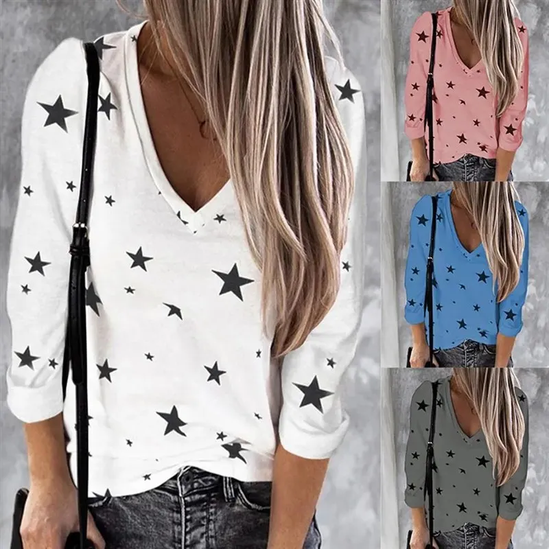 

Women's Romantic Sle Digital Stars Print Casual V-ne Long T-irt Carbon Fiber Material Straight Cut Sve Length
