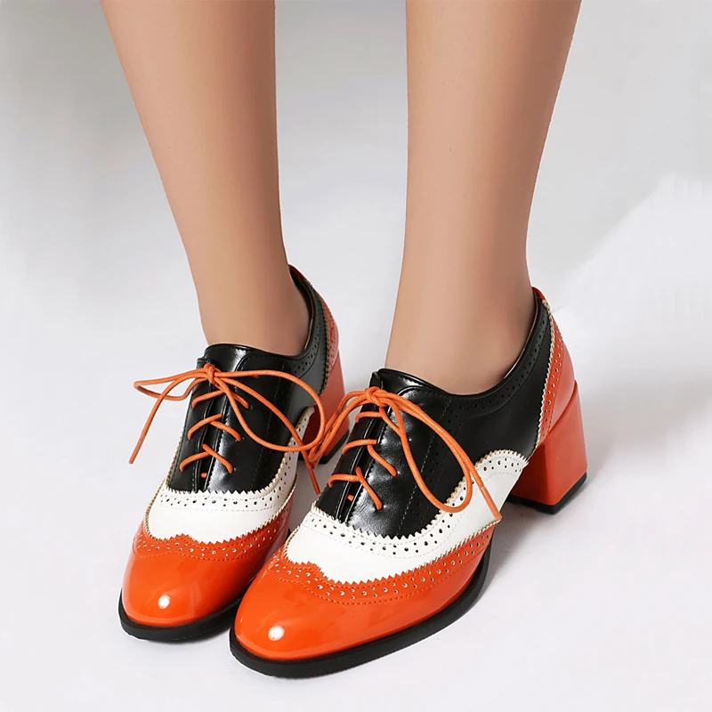 

Винтажный стиль, повседневные туфли-лодочки на шнуровке для женщин, оксфорды, модные разноцветные женские туфли на плоской подошве, женские туфли-броги из искусственной кожи, большие размеры 45