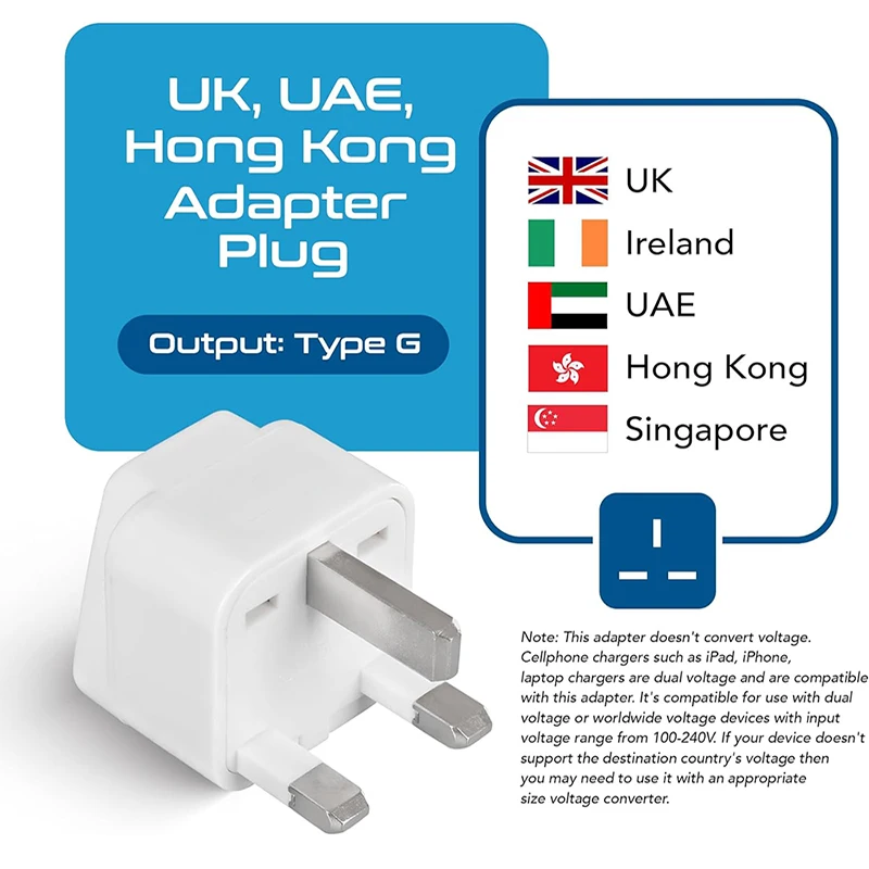 UK Hong Kong Ireland UAE Travel Plug Adapter (Type G) [Grounded & Universal] (WD-7) Standard