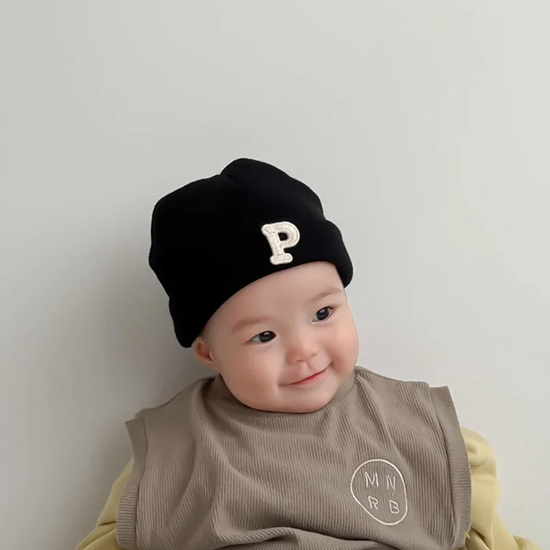 Baby Thermal White Letter P Beanies Caps Autumn Winter Korean Fashion Kids Knit Wool Warm Hats for Newborn Infant Boys Girls