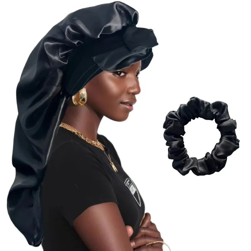 Women Bonnet Satin Sleeping Hat Long Tail Braid Hair Night Sleep Cap Head Cover Bonnets Shower Caps for Sauna Bathing Bonnet