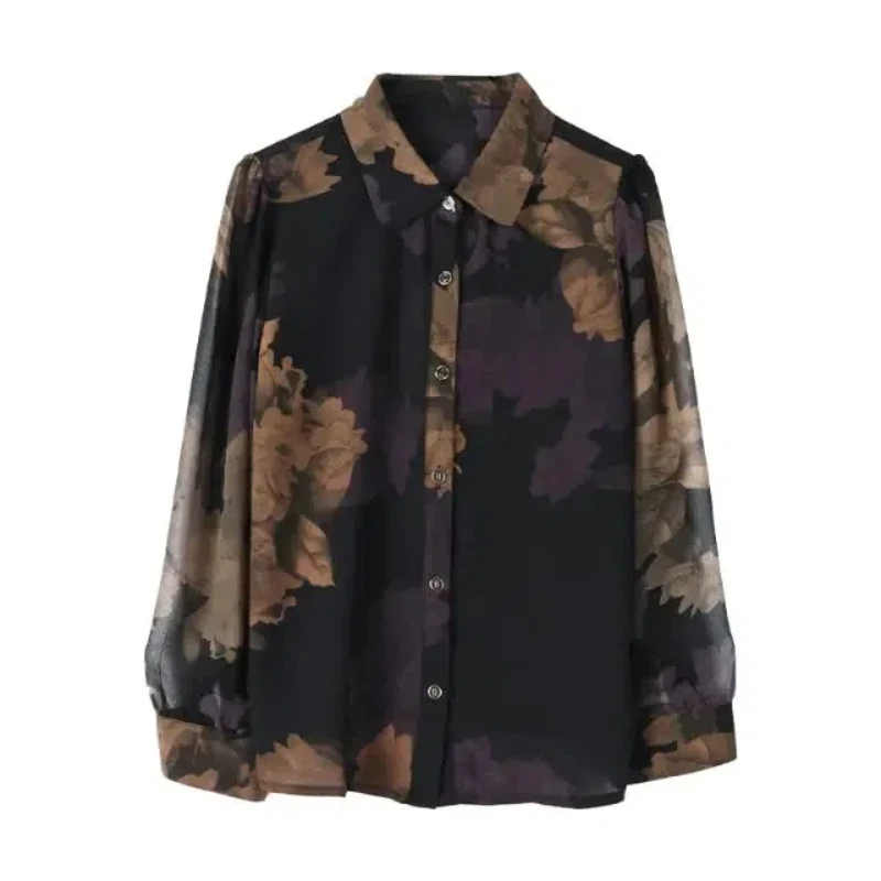 2024 New Spring and Autumn Korean Edition Fashion Versatile Chiffon Blouses Long Sleeve Collar Printed Button Women\'s Shirt Top