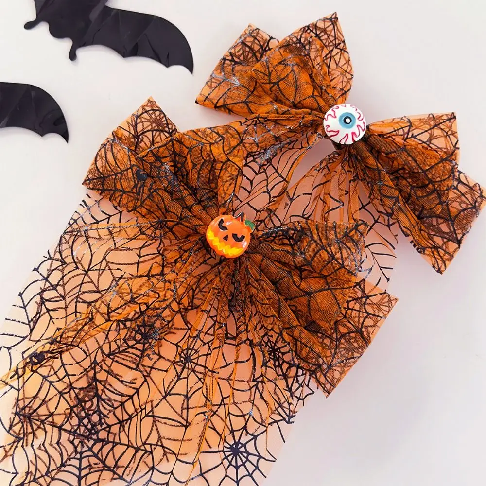 Large Bow Halloween Hair Clip Orange Dark Style Hair Accessories Spider Web Print Handmade Bow Spring Clip Costume Dress Up