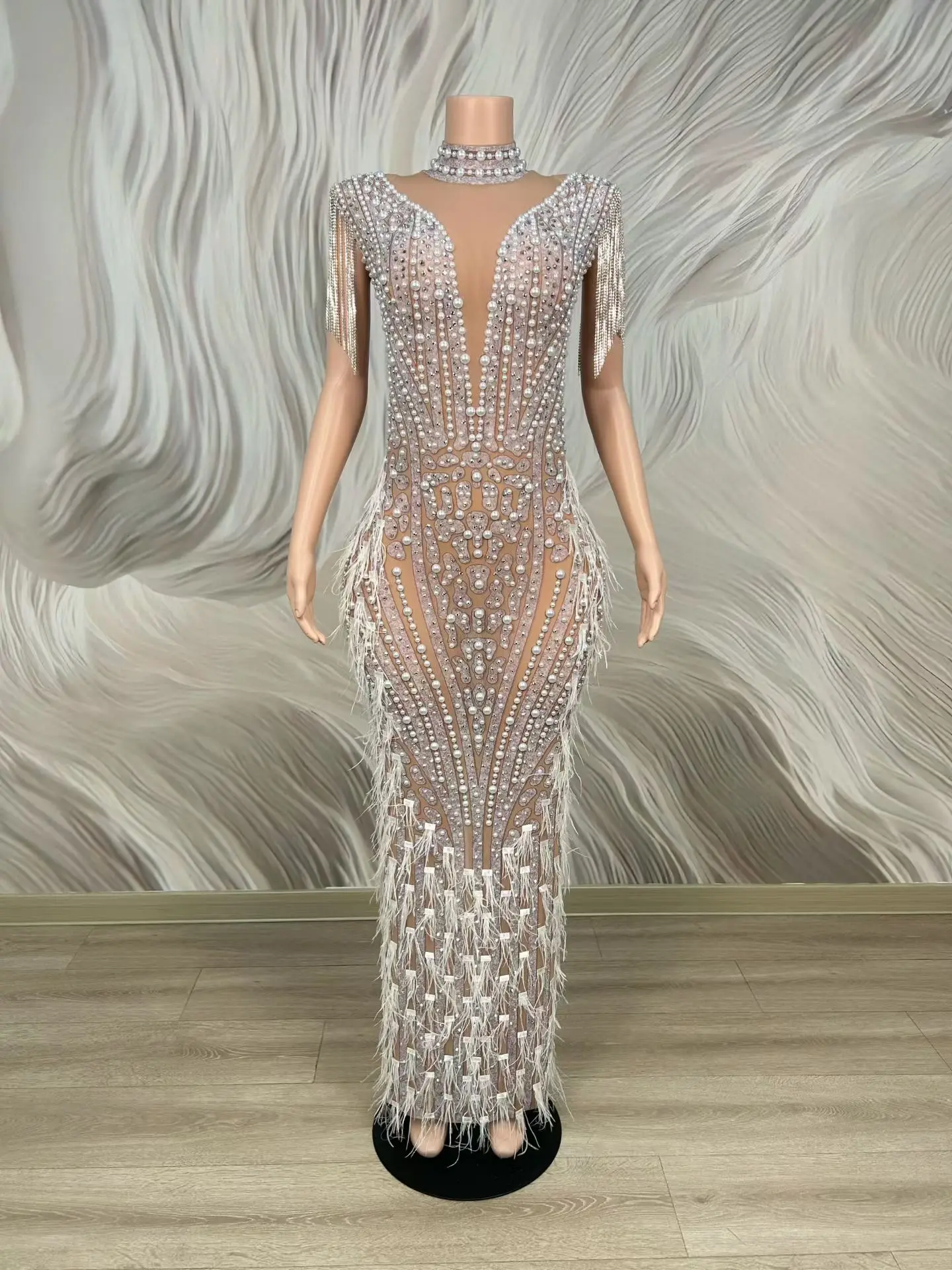 

Lingdong Elegant Women Party Gowns Luxurious Pearl See Through Mesh Fringe Skirt Beapoke Occasion Dress Wedding Party Dress