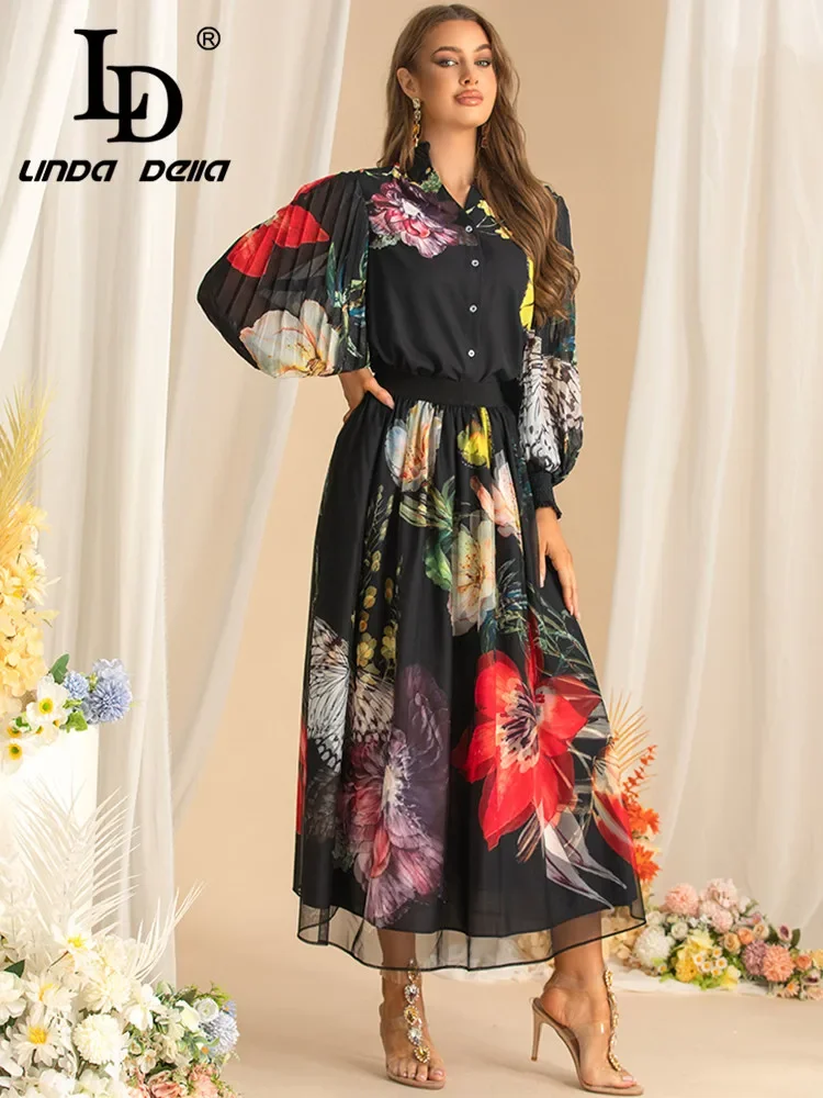 LD LINDA DELLA Autumn Women's Suit Stand Collar Lantern Sleeved Single-Breasted Tops+Elastic Waist Skirt Print 2 piece set - view 3