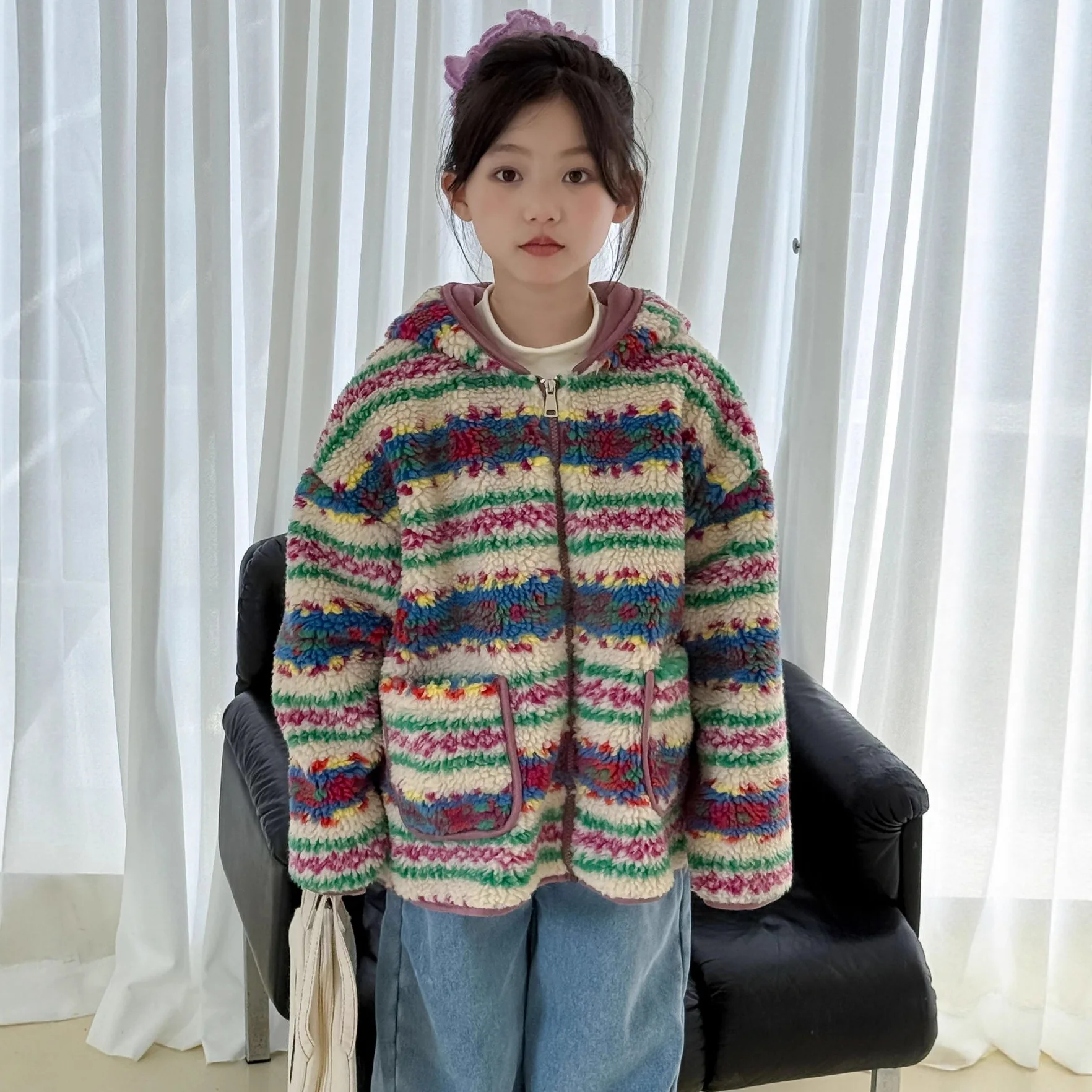 

Children's clothing 2025 winter boys and girls color blocked lamb wool jacket, children's warm Korean version jacket