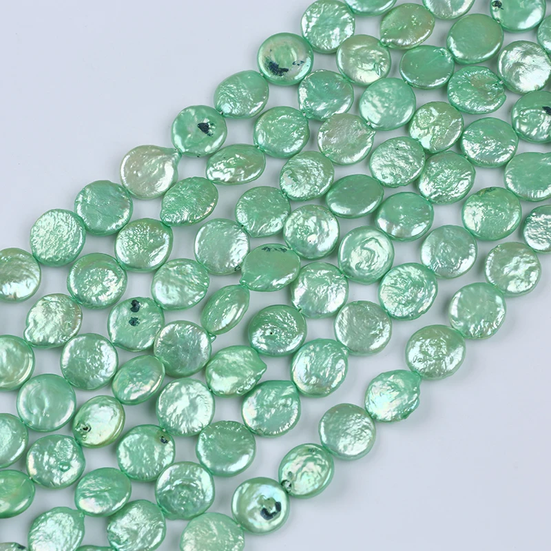 

12-13mm A natural dye green real loose freshwater coin pearl beads strand