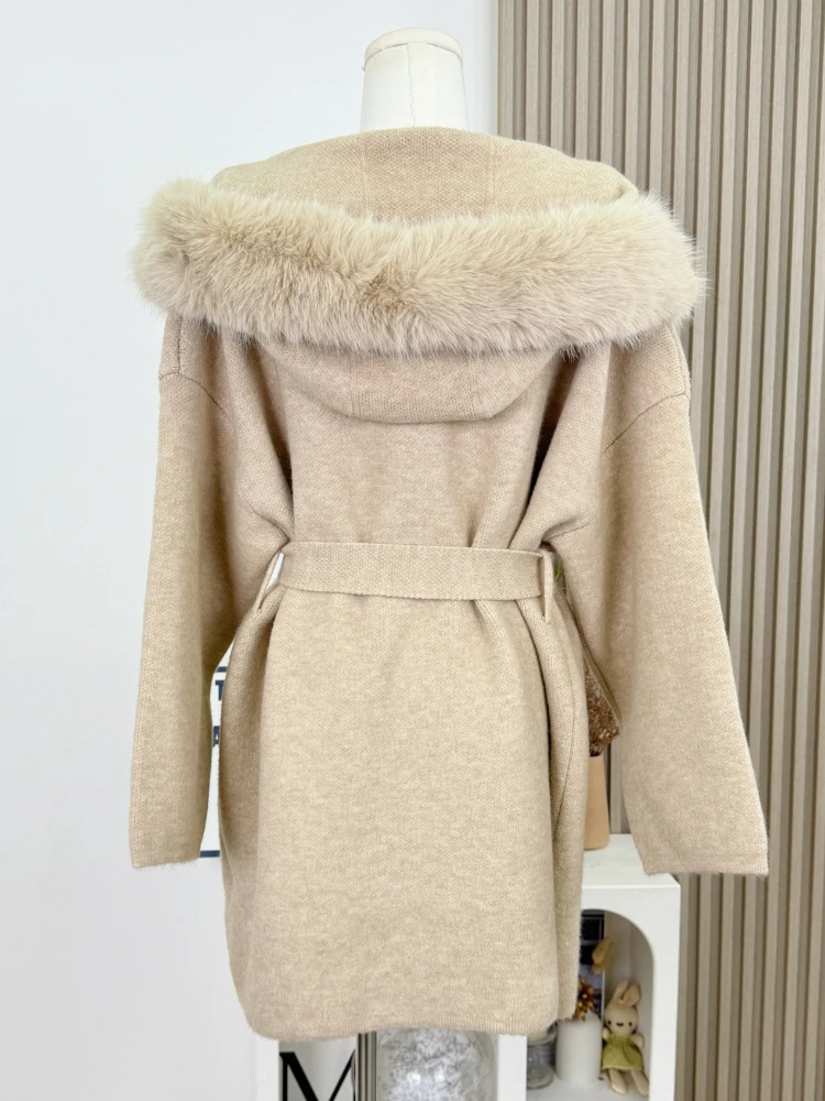 الفرنسية الرجعية أنيقة مقنعين فو الفراء طوق معطف الصوف للنساء شتاء دافئ الوجهين مربوط فضفاض صالح أنيق ملابس خارجية أنيقة