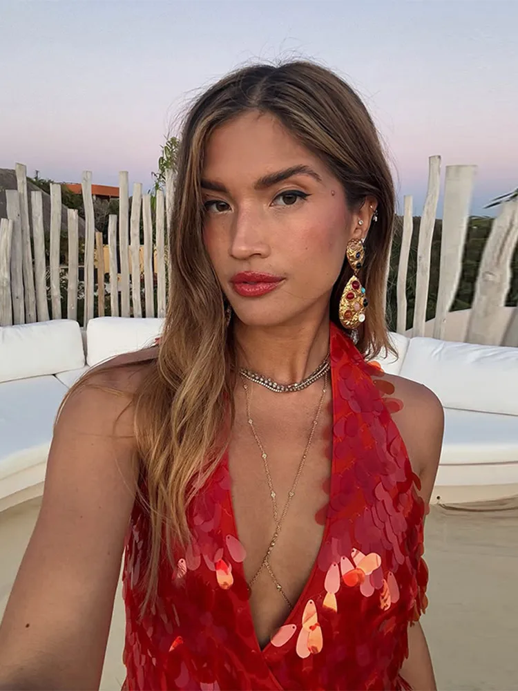 Abito corto sexy con nastro di paillettes Abito corto con scollo a V rosso con scollo a V senza maniche Abiti da festa sottili Abiti da sera estivi da donna