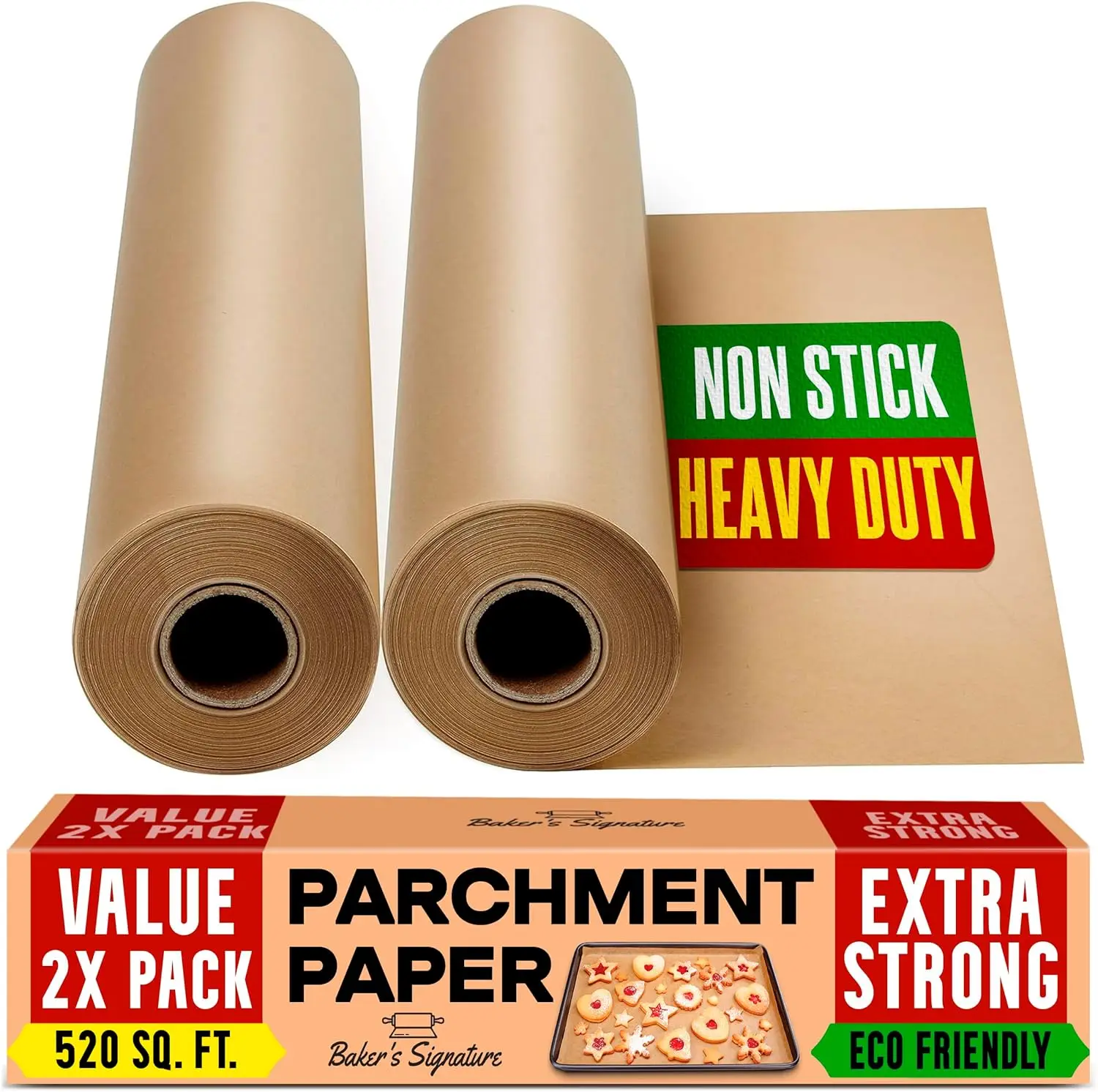 

Parchment Paper for Baking – 2-Pack 520 Sq.Ft Total - 15 in x 210 ft Baking Paper Roll with Cutter, Non-Stick Brown Parchment f